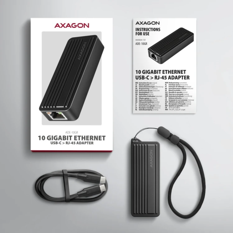 AXAGON ADE-10GR Karta sieciowa USB-C 10Gbps, port RJ-45 10GbE (10/5/2.5/1G), chipset Realtek RTL8159, Wake-on-LAN, aluminiowa, odłączany kabel 19 cm,