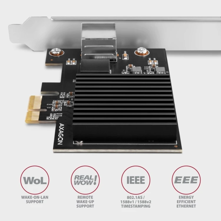 AXAGON PCEE-10GR Karta sieciowa PCIe 4.0 x1, port RJ-45 10GbE (10/5/2.5/1G), chipset Realtek RTL8127, PXE, Wake-on-LAN, radiator, śledź SP/LP