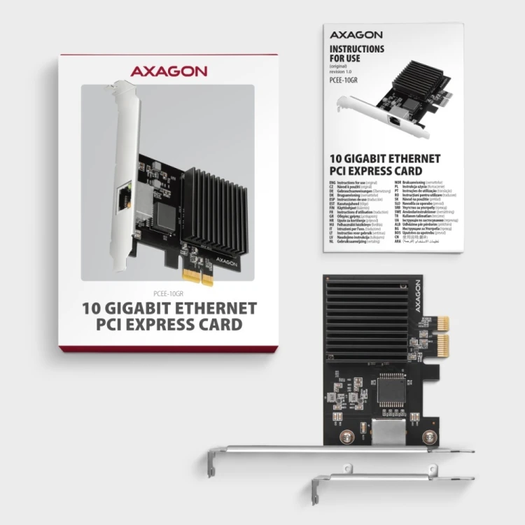 AXAGON PCEE-10GR Karta sieciowa PCIe 4.0 x1, port RJ-45 10GbE (10/5/2.5/1G), chipset Realtek RTL8127, PXE, Wake-on-LAN, radiator, śledź SP/LP