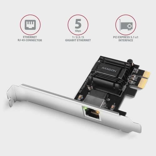 AXAGON PCEE-G50 Karta sieciowa PCIe 3.1 x1, port RJ-45 5GbE (5/2.5/1G), chipset Realtek RTL8126, PXE, Wake-on-LAN, radiator, śledź SP/LP
