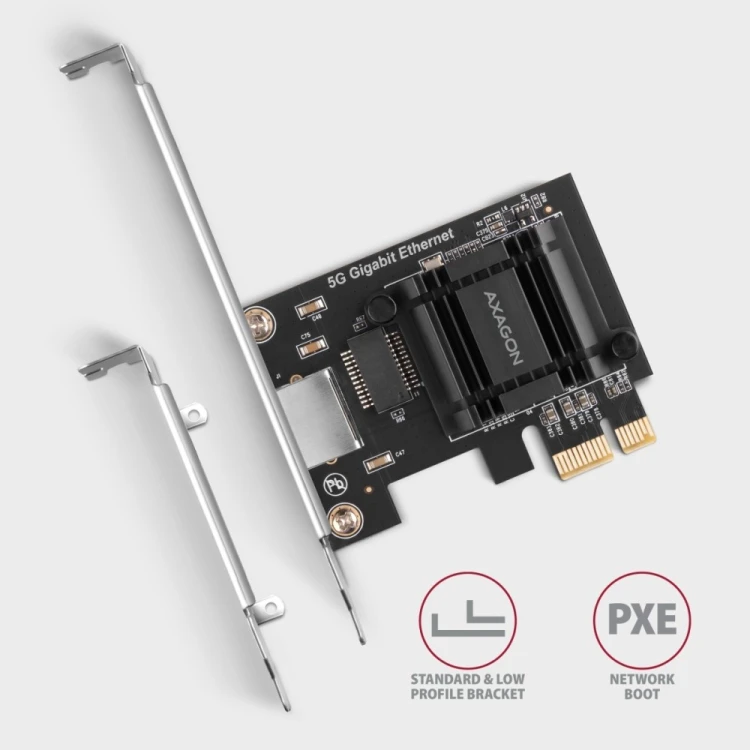 AXAGON PCEE-G50 Karta sieciowa PCIe 3.1 x1, port RJ-45 5GbE (5/2.5/1G), chipset Realtek RTL8126, PXE, Wake-on-LAN, radiator, śledź SP/LP