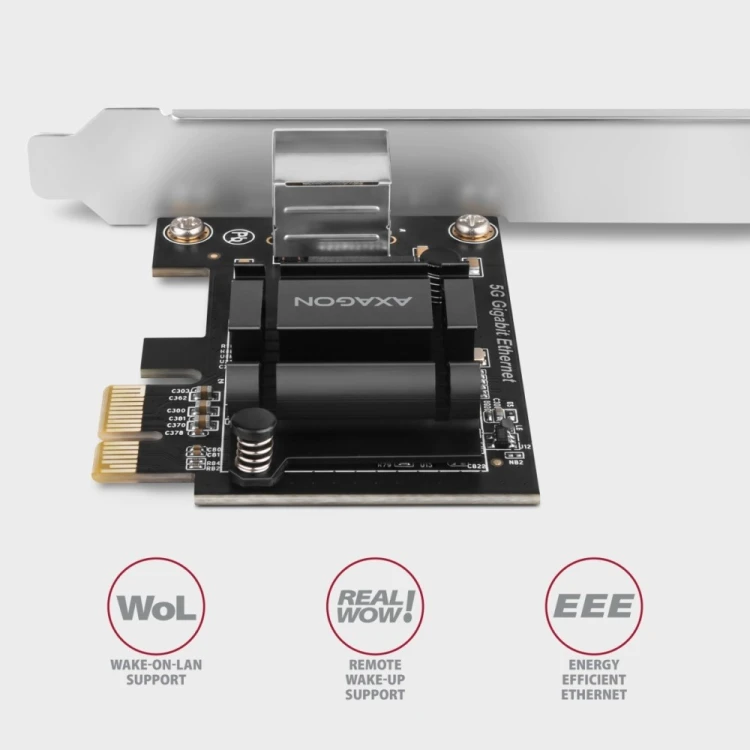 AXAGON PCEE-G50 Karta sieciowa PCIe 3.1 x1, port RJ-45 5GbE (5/2.5/1G), chipset Realtek RTL8126, PXE, Wake-on-LAN, radiator, śledź SP/LP