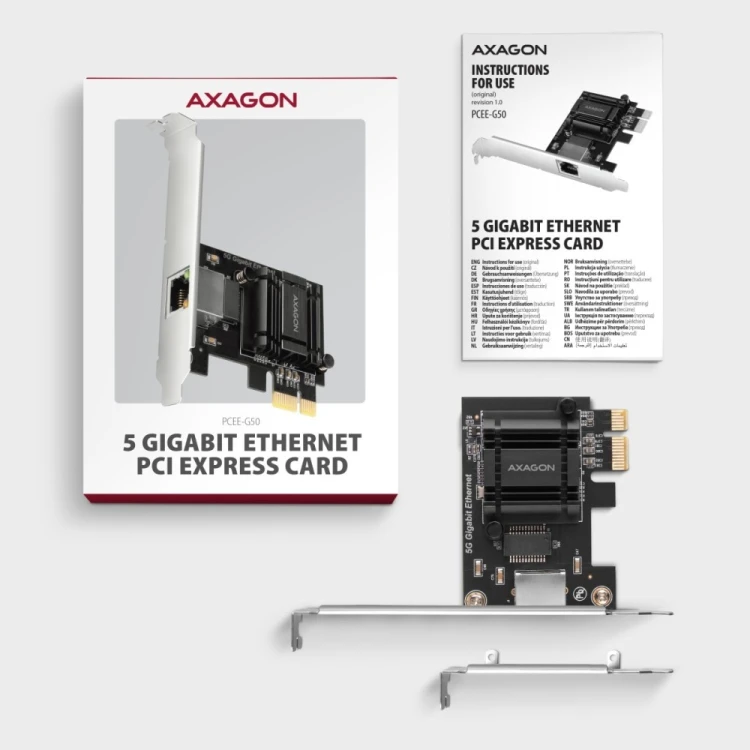 AXAGON PCEE-G50 Karta sieciowa PCIe 3.1 x1, port RJ-45 5GbE (5/2.5/1G), chipset Realtek RTL8126, PXE, Wake-on-LAN, radiator, śledź SP/LP