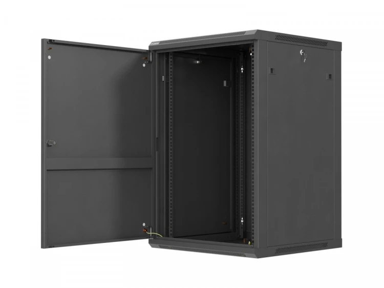 Lanberg Szafa instalacyjna rack wisząca 19 cali 18U 600x600 czarna drzwi metalowe (flat pack)