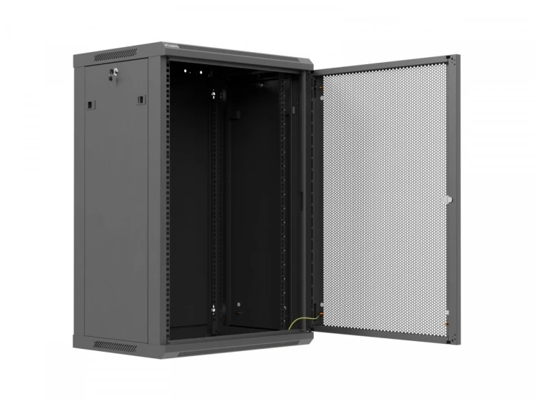 Lanberg Szafa instalacyjna rack wisząca 19 cali 18U 600x450 czarna drzwi perforowane (flat pack)