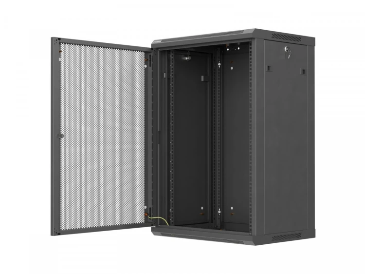 Lanberg Szafa instalacyjna rack wisząca 19 cali 18U 600x450 czarna drzwi perforowane (flat pack)