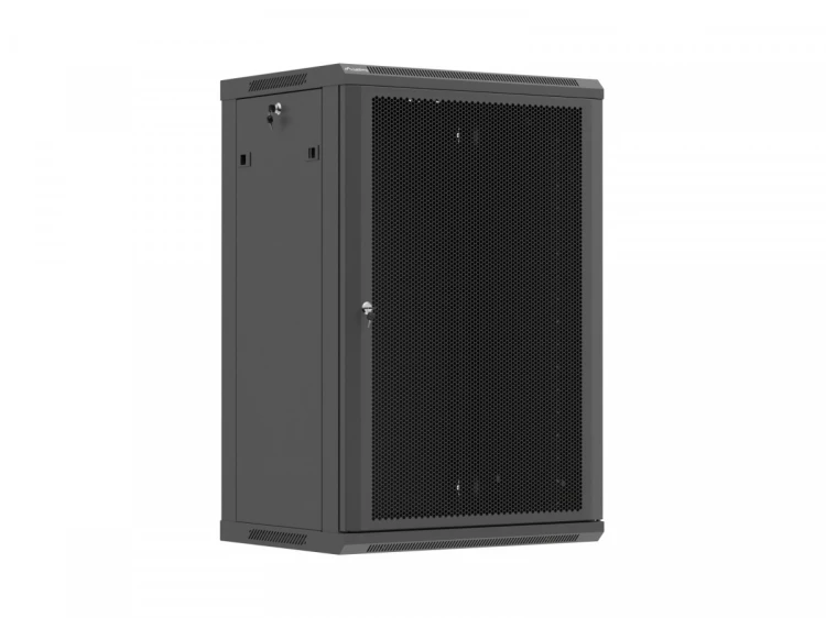 Lanberg Szafa instalacyjna rack wisząca 19 cali 18U 600x450 czarna drzwi perforowane (flat pack)