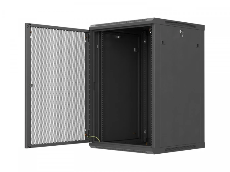 Lanberg Szafa instalacyjna rack wisząca 19 cali 18U 600x600 czarna drzwi perforowane (flat pack)